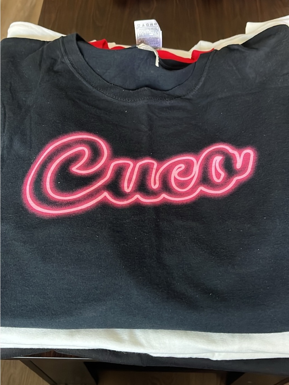 fruit of the loom Black Tee with Pink 'Cuco” neon Script Graphic
